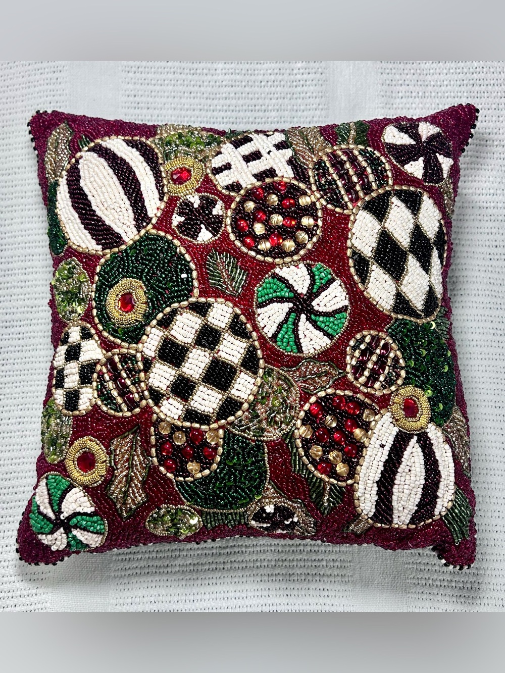 Mackenzie-Childs Jolly Ornaments Hand Beaded Throw Pillow Velvet Christmas